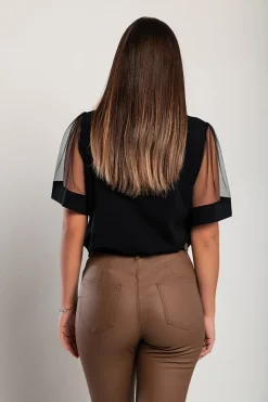 T-shirt in cotone con maniche trasparenti, nera