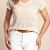 T-shirt in cotone con pizzo, beige