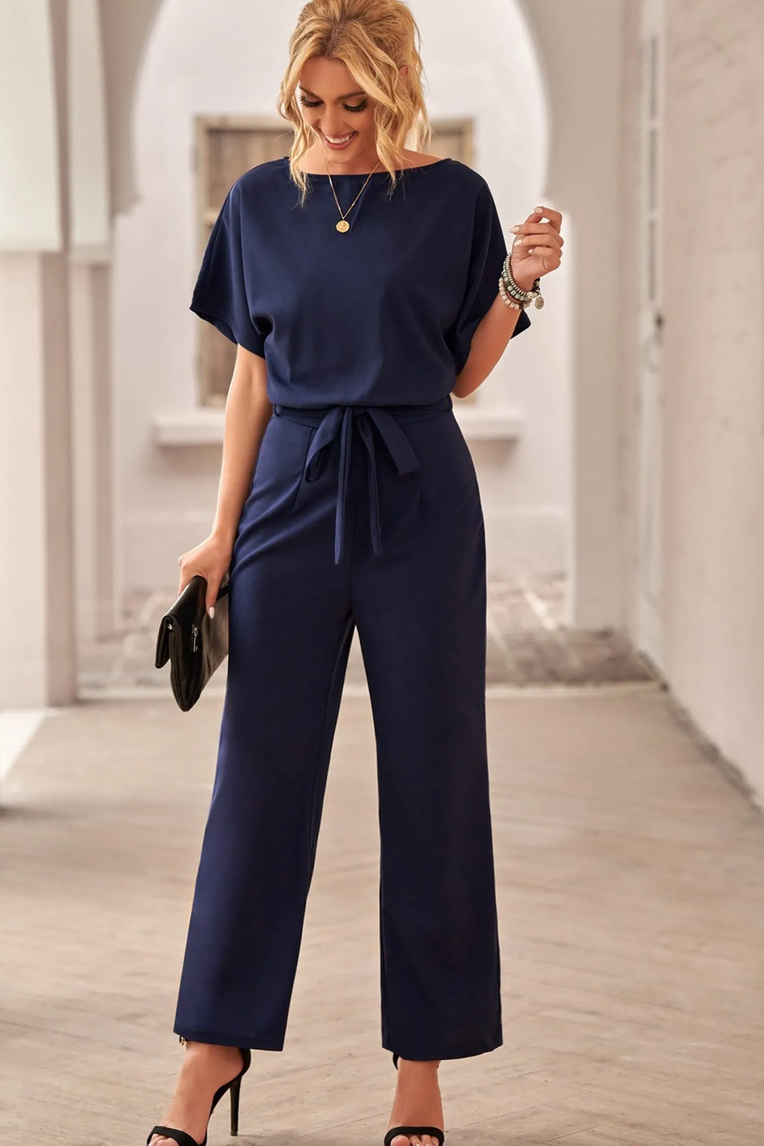 Tuta fashion con pantaloni lunghi ampi e maniche corte Nelia, blu scuro