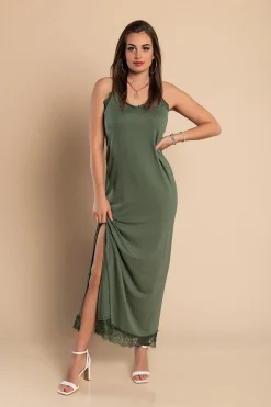 VESTITO MAXI CON PIZZO PRIMAROSA, OLIVASTRO