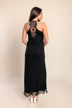 VESTITO MAXI CON PIZZO PRIMAROSA, NERO