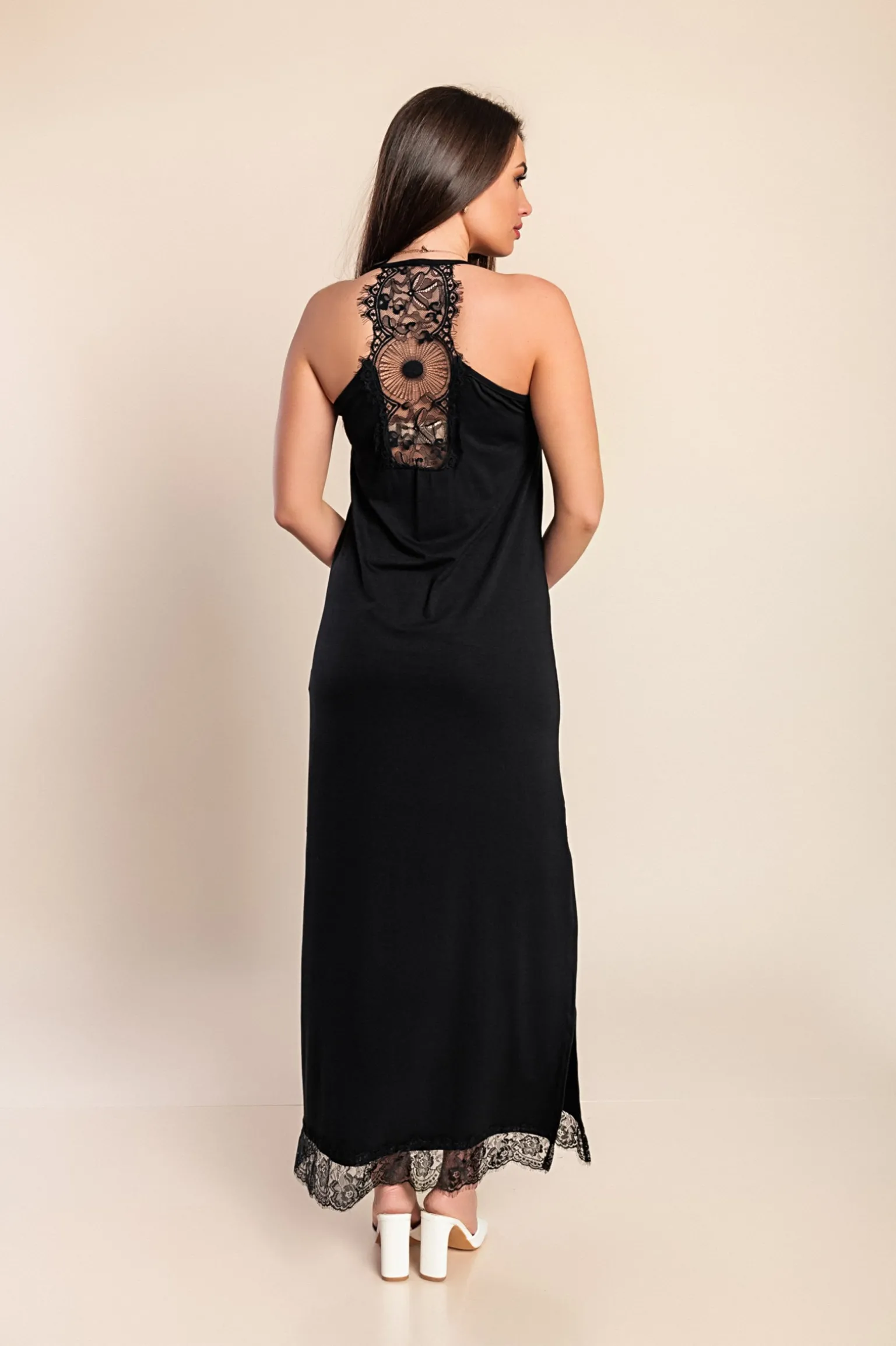 VESTITO MAXI CON PIZZO PRIMAROSA, NERO
