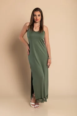VESTITO MAXI CON PIZZO PRIMAROSA, OLIVASTRO