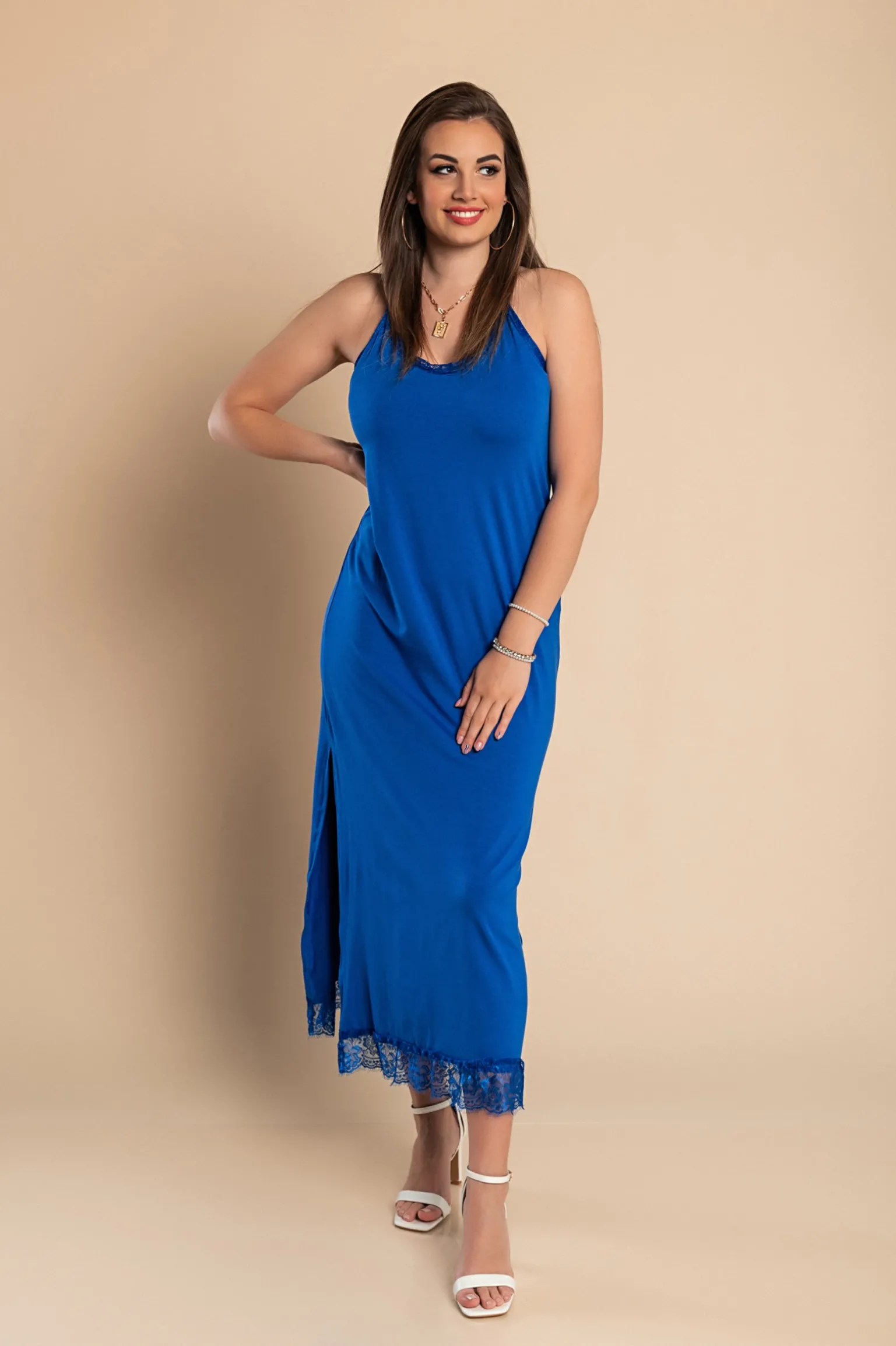 VESTITO MAXI CON PIZZO PRIMAROSA, BLU