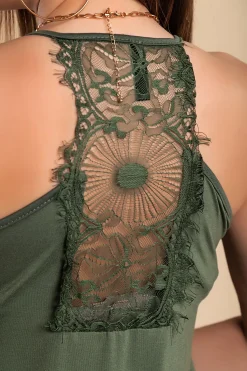 VESTITO MAXI CON PIZZO PRIMAROSA, OLIVASTRO