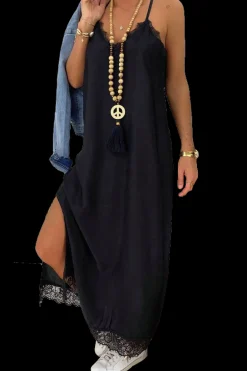 VESTITO MAXI CON PIZZO PRIMAROSA, NERO